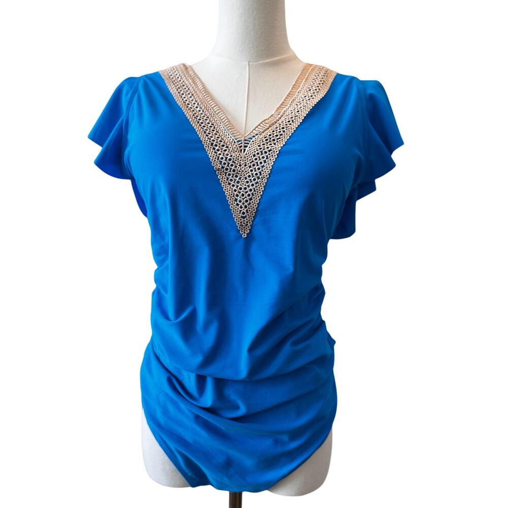 New Blooming Jelly Women's Royal Blue Embroidered One Piece Swimsuit Size XL